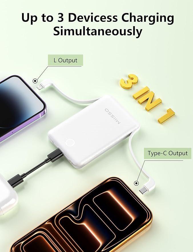 miisso 10000mAh Mini Portable Charger with Built in Cable, Pocket Size Power Bank Travel External Battery Pack for Phone, 3 Output USB Type C Cord Clutch Compatible with iPhone, Samsung, White