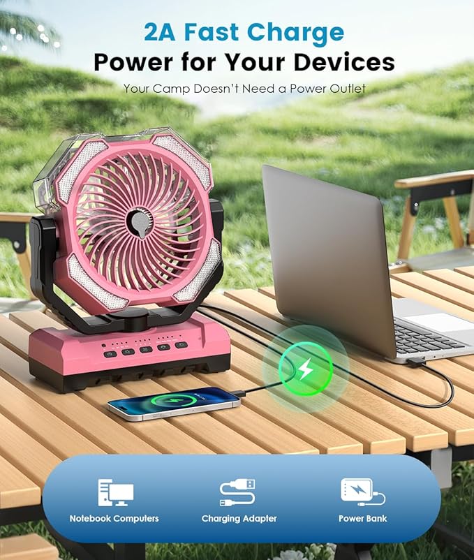 Misting Fan - Pink Portable Rechargeable Fan with 9oz Water Tank, Light, Hook - Versatile, 120H MAX Cooling, Last 5H Mist, 4 Speed, Sleep Mode - Outdoor Fans for Camping, Travel, Patios