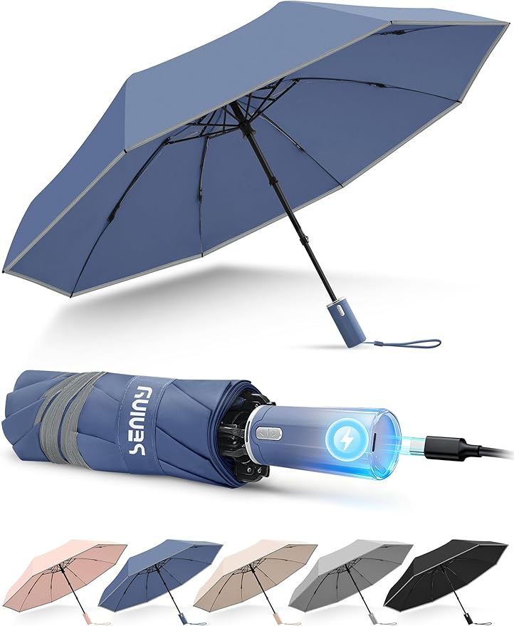 Seniny Electric Travel Umbrella with Intelligent Open Close, Rechargeable Umbrellas for Rain Windproof, Automatic Portable & Compact Umbrella with Reflective Stripe