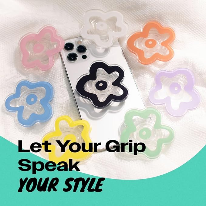 OnTheGrip Cute Transparent Daisy Flower Shape Design Mobile Phone Grip Multi Functional Collapsible Stand Holder for Smartphone Tablet Cell Phone Accessory (Black)