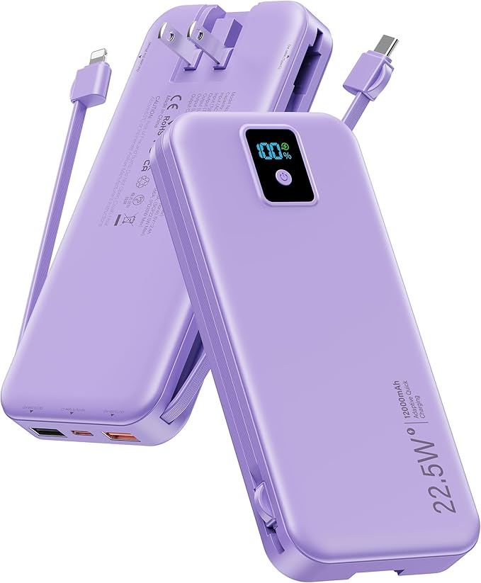 Portable Charger, 12000mAh 22.5W Fast Charging Power Bank with Built-in Cables & Wall Plug, Travel Essential Battery Pack with LED Display, USB C Battery Phone Charger for iPhone, iPad, Samsung Purple