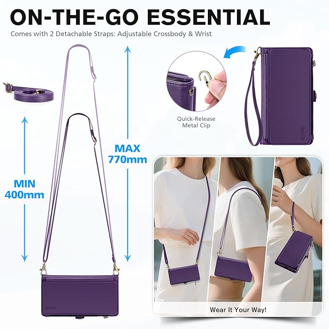 TUCCH Removable Crossbody Wallet Case for iPhone 17 (6.3"), 9 Card Holders RFID Blocking, Lanyard, Wrist Strap, Wireless Charging, Stand, Zipper Pocket, PU Leather, Magnetic Flip Cover, Deep Purple