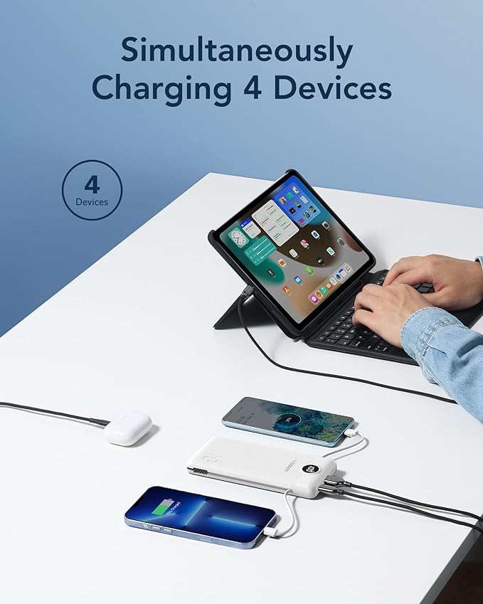 VEGER Portable Charger with Built-in AC Plug and Cables, All in One 10000mAh Ultra Slim Power Bank Travel Essentials, 15W Fast Charging Battery Pack Compatible with iPhone, Samsung, Android (White)