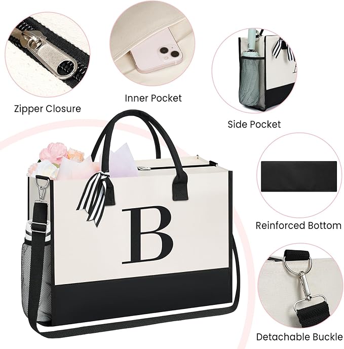 BAGAIL Initial Tote Bag, Personalized Birthday Gifts for Women, Teacher, Friends, Mom, Wedding, Monogrammed Beach Bag