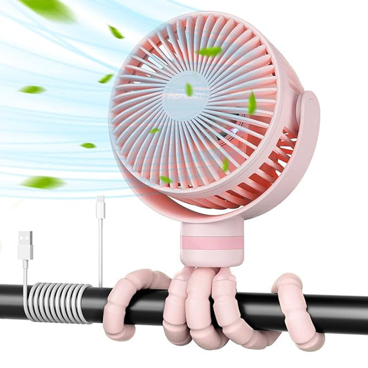 Momcozy Portable Stroller Fan, 8000mAh, 27H Ultra-long Battery Life, Detachable 4 Speed 360°Rotate, LED Night Light with 2 Modes, USB Rechargeable Handheld Cooling Fan for Travel, Car Seat, Bedroom
