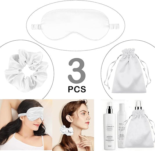 3Pcs Satin Eye Mask Silk Sleep Masks Set Silky Blindfold Eyeshade Blackout Eyes Cover Pouches Bag Scrunchy Wedding Gift