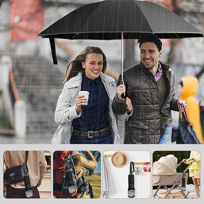 TOPSAIL 10 Ribs Inverted Umbrella with Carabiner Handle, Large Strong Windproof Umbrellas for Rain & Sun, 49" Portable Reverse Folding Compact Travel Umbrella with Safe Reflective Strip, for Women Men
