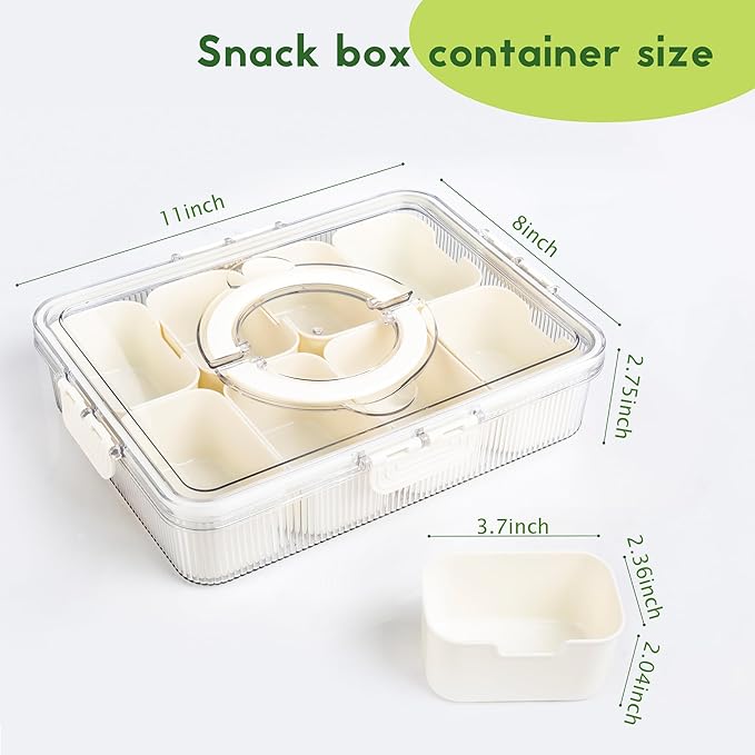 Patent Design Ribbed Snackle Box Container Snack Container Divided Serving Tray with Lid and Handle, 8 Divider Portable Snacklebox for Travel Beach for Charcuterie Veggie Fruit Candy,1 Pack