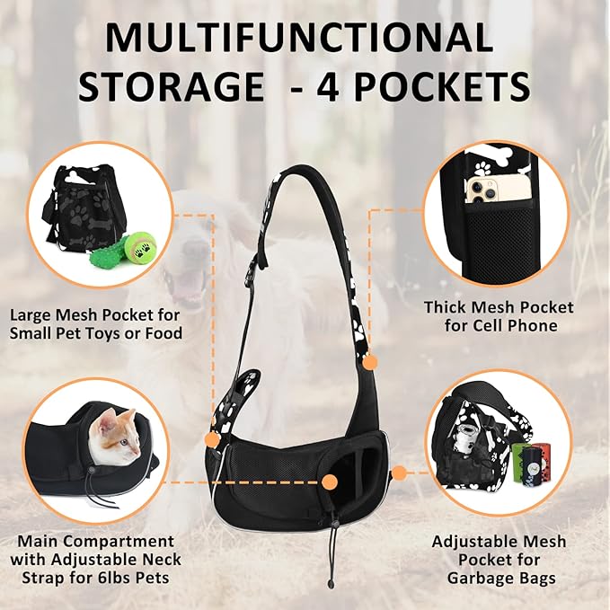 Gloppie Hands Free Dog Sling Carrier for Small Dogs Up to 10 lbs - Breathable Mesh Puppy Carrier Bag, Lightweight Pet Carrier for Travel, Hiking, Vet Visits Black, Medium