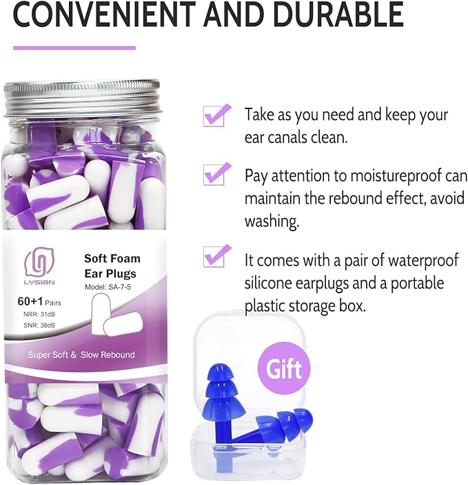 LYSIAN Ultra Soft Foam Ear Plugs Sleeping-Noise Cancelling Earplugs 38dB SNR - Sleep Ear Plugs Noise Reduction for Snoring, Mowing, Shooting Sound Block,Double Color Purple/White