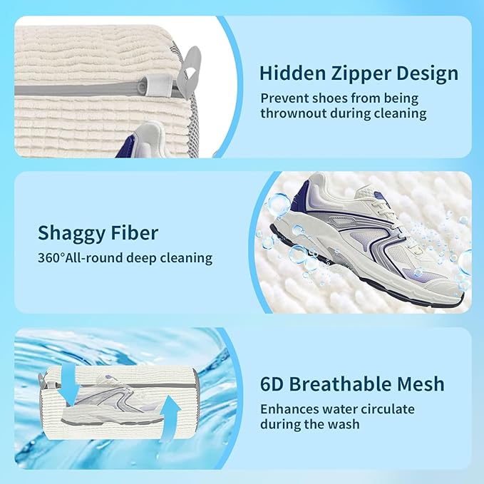 Shoe Washing Machine Bag: Laundry Shoe Bag for Washer and Dryer - 2pc Durable Hidden Zipper Reusable Shoe Cleaning Bag for Sneaker Tennis Shoes, Fluffy Fibers Keep 360° Wrap-around Cleaning