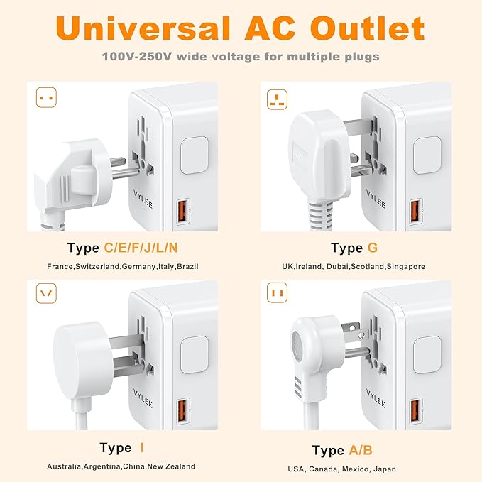 PD100W GaN Universal Travel Adapter, International Power Adapter in One, 3 USB C & 1 USB A & AC Outlet, Travel Adapter Worldwide Plug Adapter with USA EU UK AUS Plugs for Laptops,Tablets,Phones