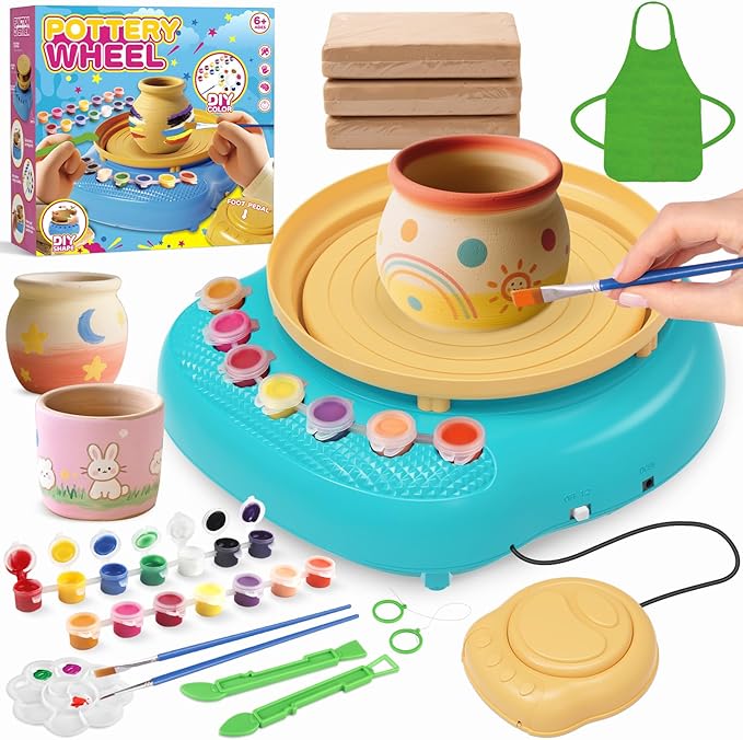 TingingYuli Pottery Wheel for Kids,Complete Pottery Kit and Tools for Beginners,Arts and Crafts Toys for Kids Ages 8-12,Art Supplies Birthday Gifts for Boy Girl Age 6 7 8 9 10 11 12 (Yellow/Cyan)