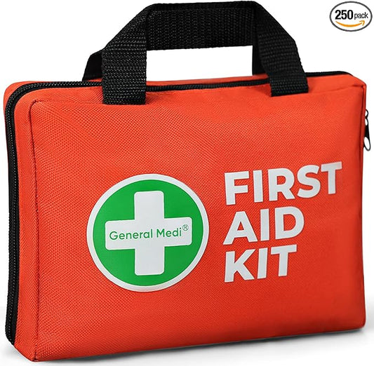 General Medi First Aid Kit, 250 Piece Small First Aid Kit - Includes Emergency Foil Blanket, Instant Cold Pack,Scissors for Travel, Home, Office, Vehicle, Camping, Workplace & Outdoor