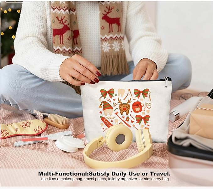 Chirismas Cheetah Smile Dental Care Makeup Bag, Cute Tooth & Bow Cosmetic Pouch for Dental Assistant Hygienist Dentist Gift for Women