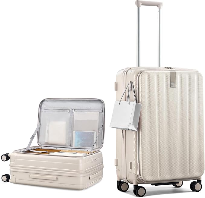 Hanke 24 Inch Expandable Luggage Top Opening Checked Bag Luggage Hard Shell Suitcases with Wheels Lightweight Travel Luggage Medium Suitcase with Lock for Woman Men-Ivory White