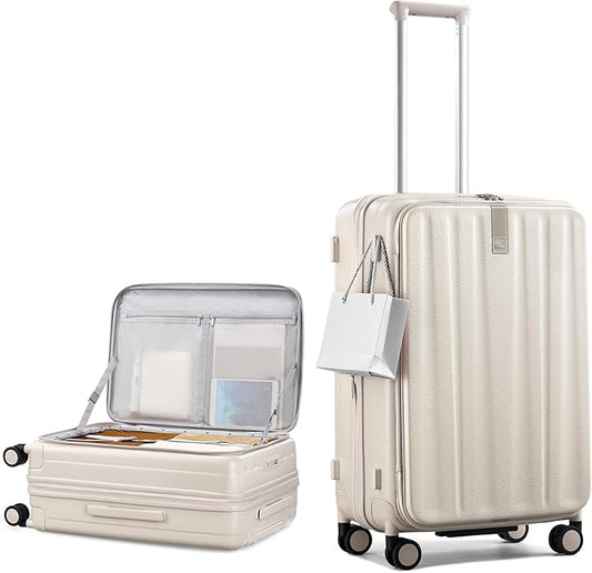 Hanke 24 Inch Expandable Luggage Top Opening Checked Bag Luggage Hard Shell Suitcases with Wheels Lightweight Travel Luggage Medium Suitcase with Lock for Woman Men-Ivory White