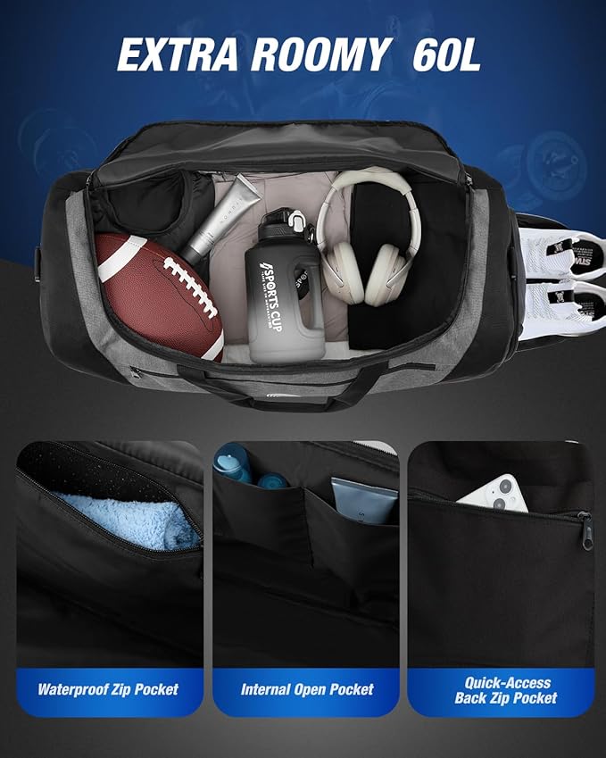 Gonex Gym Duffel Bag with Shoe Compartment Wet Pocket, Large Capacity Sports Duffle Bag for Men Women, Workout & Travel Bag with Multiple Pockets, Black/Gray, Medium (60L)