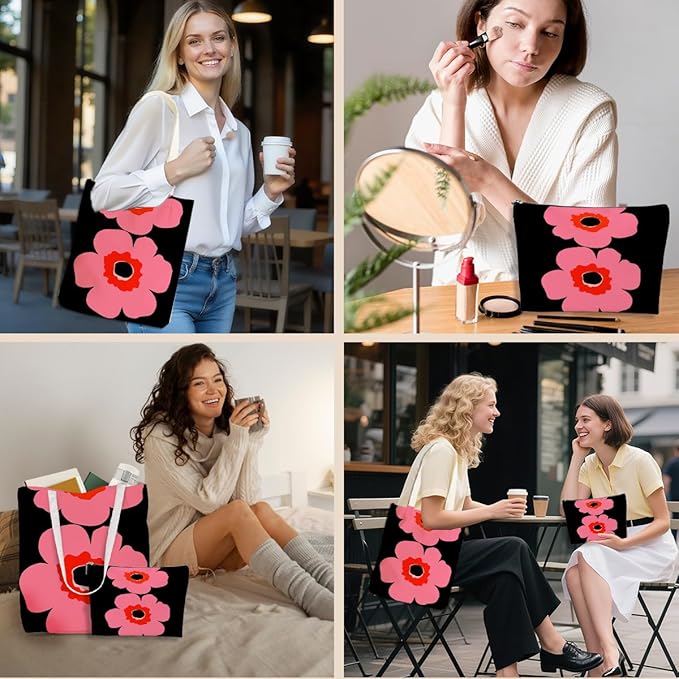 Flower Plant Lover Gifts for Women Canvas Tote Bag with Makeup Bag Cosmetic Bags Grocery Bags for Shopping Christmas