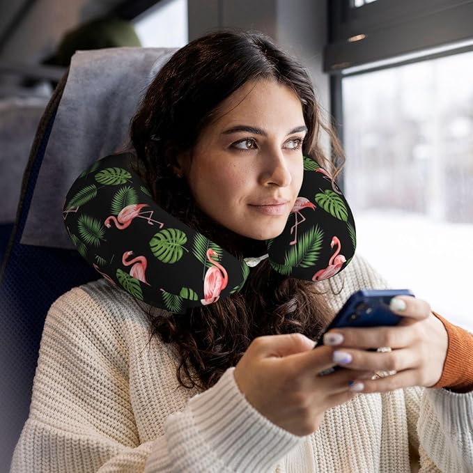 Memory Foam Airplane Pillow Pink Flamingo Tropical Palm Banana Leaves for Car Chin Head Neck Supporting, U Shape Pillows Travel Cushion for Office, Nap Sleeping