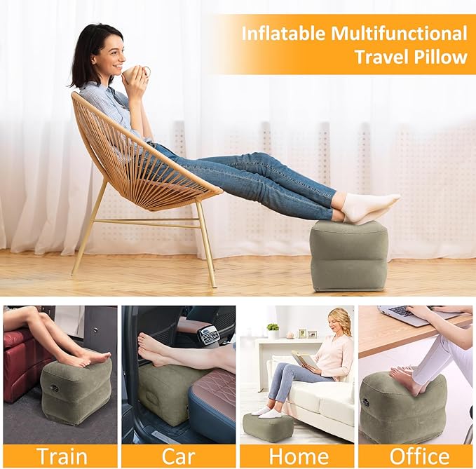 Inflatable Foot Rest Pillow for Travel - Adjustable Height Flight Foot Rest with Eye Mask and Earplugs for Kids & Adults on Airplane, Car, Train, Office, and Home (Gray, 1 PCS)
