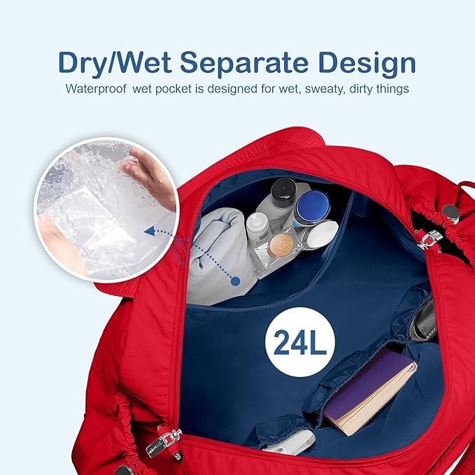 TOPDesign Travel Duffel Bag for Women, Puffer Gym Bag Sports Tote with Wet Pocket, Carry On Weekender with Luggage Sleeve (Red)