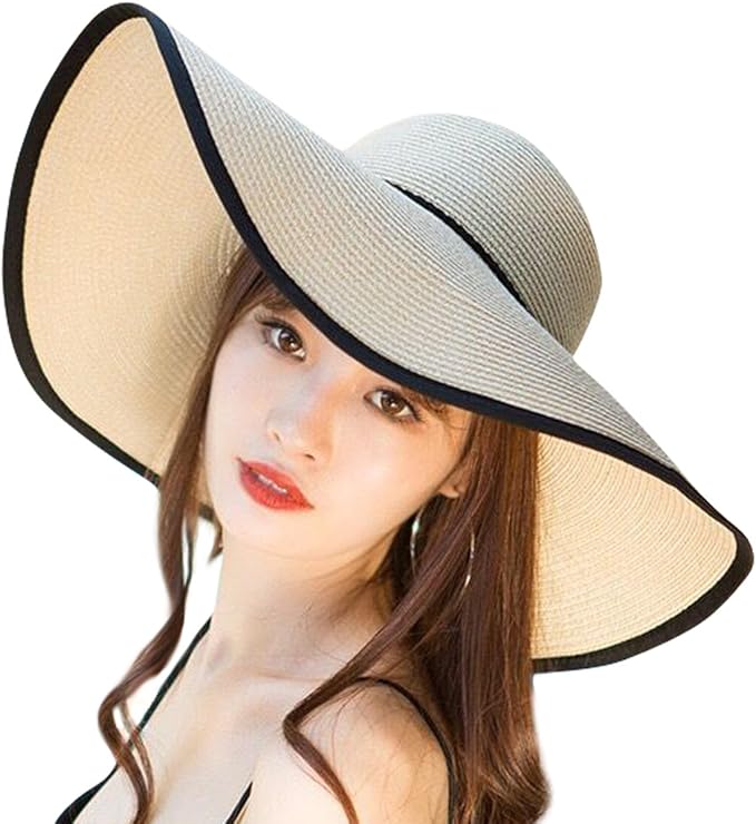 Lanzom Womens Wide Brim Straw Hat Big Floppy Foldable Roll up Cap Beach Sun Hat UPF 50+