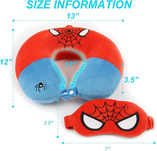 Superhero Travel Pillow for Kids & Adults with Sleep Eye Mask, Memory Foam U-Shaped Neck Pillow with Washable Cover, Soft Head Support Travel Accessories for Airplane Car Train Bus Recline, Red