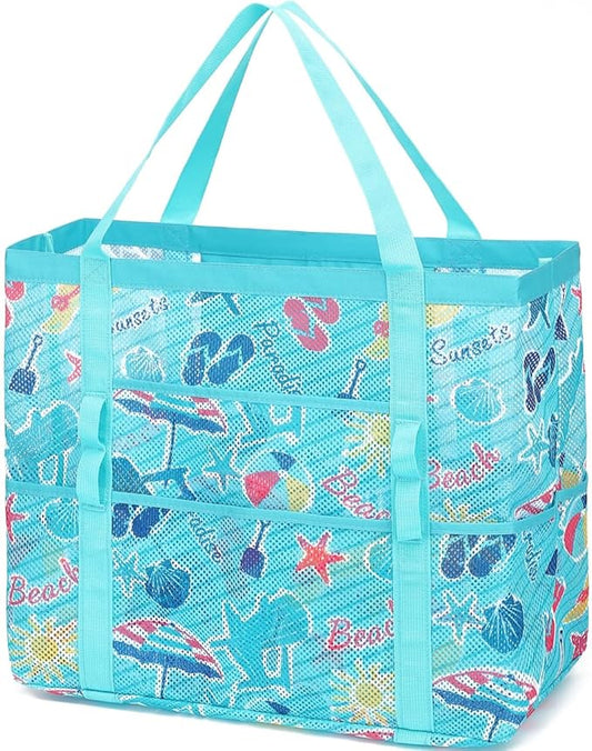 Mesh Beach Bag, Large Beach Tote with Zipper Pocket for Family Pool Bag for Toys & Vacation Essentials