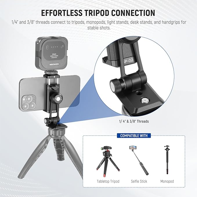 NEEWER SP-02 Phone Tripod Mount Adapter with Arca Type Quick Release Plate Cold Shoe 360° Rotation 180° Tilt Cleaning Cloth, Foldable Holder Compatible with iPhone Android Samsung for Video Recording