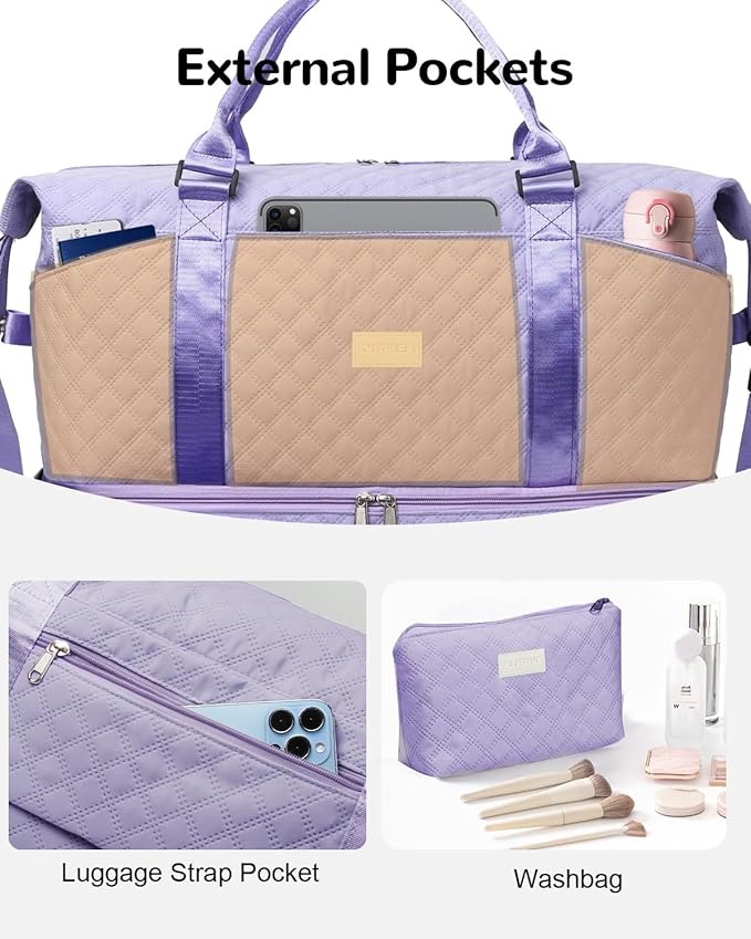 50L Large Travel Duffel Bag with Shoe Compartment & Toiletry Bag for Women, Carry on Bags with Wet Pocket, Purple