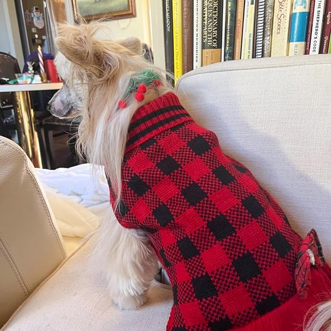 KYEESE Dog Christmas Sweater Dress with Bowtie Checkered, Turtleneck Dog Sweater for Small Dogs Girl with Leash Hole, Holiday Warm Pet Sweaters Dress, Red, X-Large