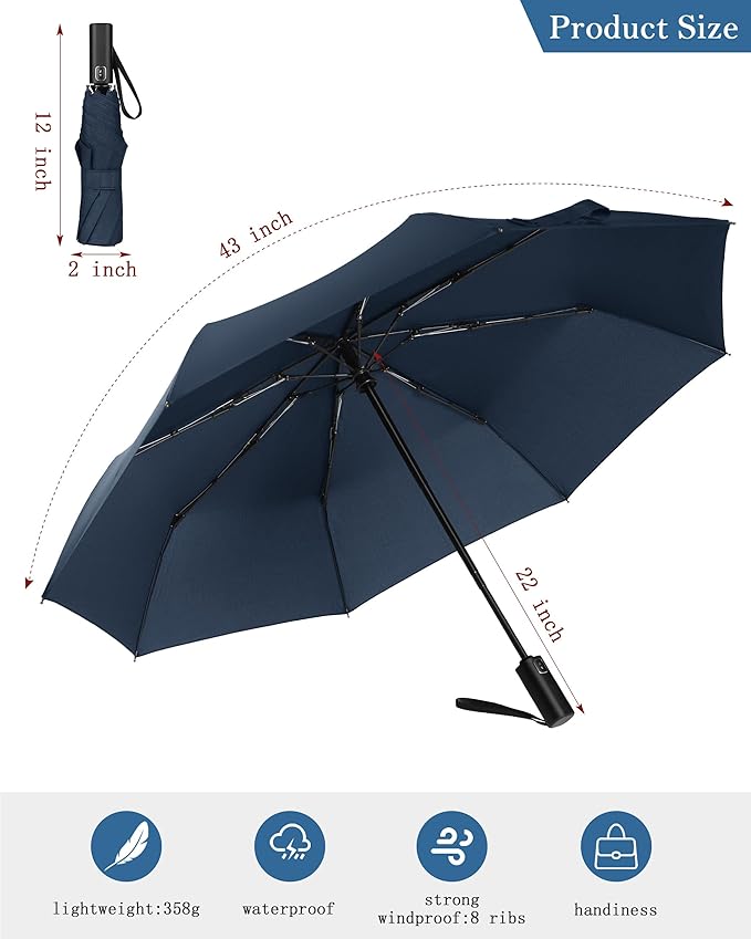 Windproof Travel Umbrella, Automatic Folding Compact Lightweight Umbrella for Women & Men, Durable and Portable, Fits Easily in Purse or Backpack