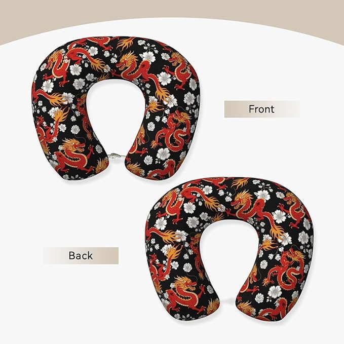 Neck Travel Pillow, Women Men Washable Airplane Car Pillows Japanese Chinese Dragon Flower Black Floral, Head Support Rest U Shaped Cushion Comfortable for Watching TV