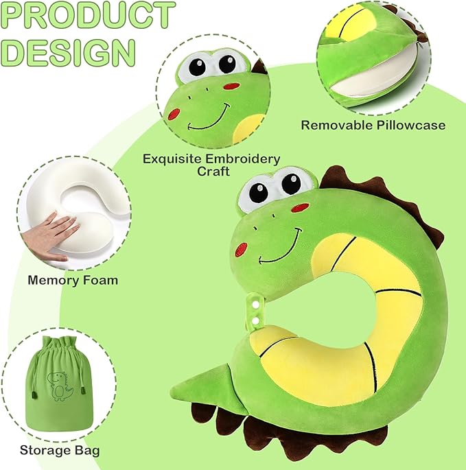 Kids Travel Pillow, Cute Dinosour Memory Foam Neck Pillow with Travel Bag, Soft Adjustable Airplane Pillow for Chin Support, Headrest- Green