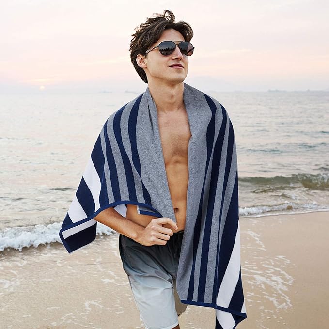 cabanana Large Beach Towel Oversized - Cotton Velour 35 x 70 Inch Blue Grey Striped Terry Pool Towel, Cabana Soft Swimming Towel for Adults Women Men (Navy Grey)