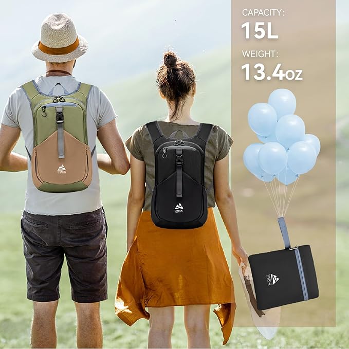 15L Small Hiking Backpack for Men Women Lightweight Packable Backpack Foldable Casual Daypack for Camping Travel Outdoor, Black