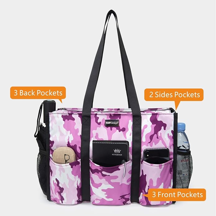 TOPDesign Utility Water Resistant Tote Bag with 13 Pockets, Top Zipper Closure & Thick Bottom Support, for Working Women
