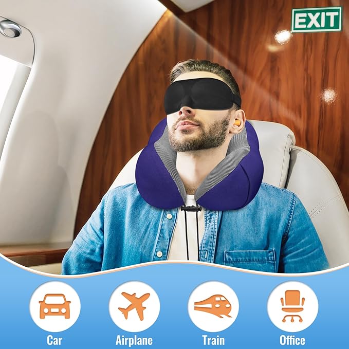 CloudBliss Travel Pillow Premium Memory Foam, Comfortable & Supportive Neck Pillow, Sleeping Neck Pillows for Travel, Airplane Pillow for Sleeping Airplane, Car, Office and Home（Navy）