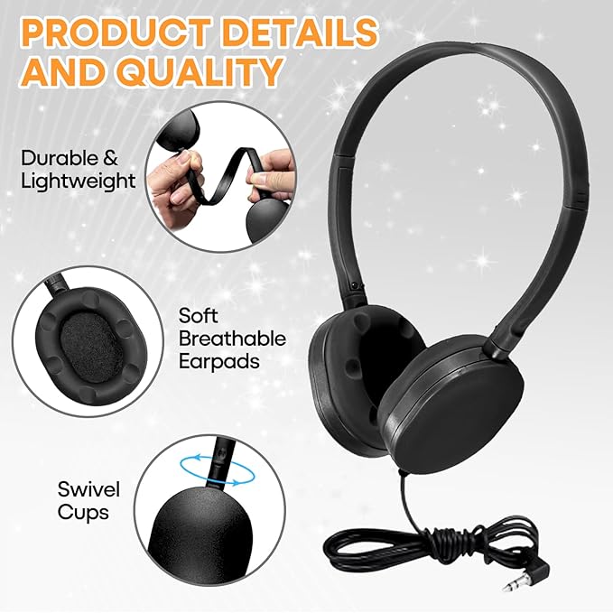 Classroom Headphones Bulk 100 Pack for School Kids K-12,Wholesale Durable Earphones Class Set for Students Children Teens Adults, Airplane and Hospiital (HY104,Black)