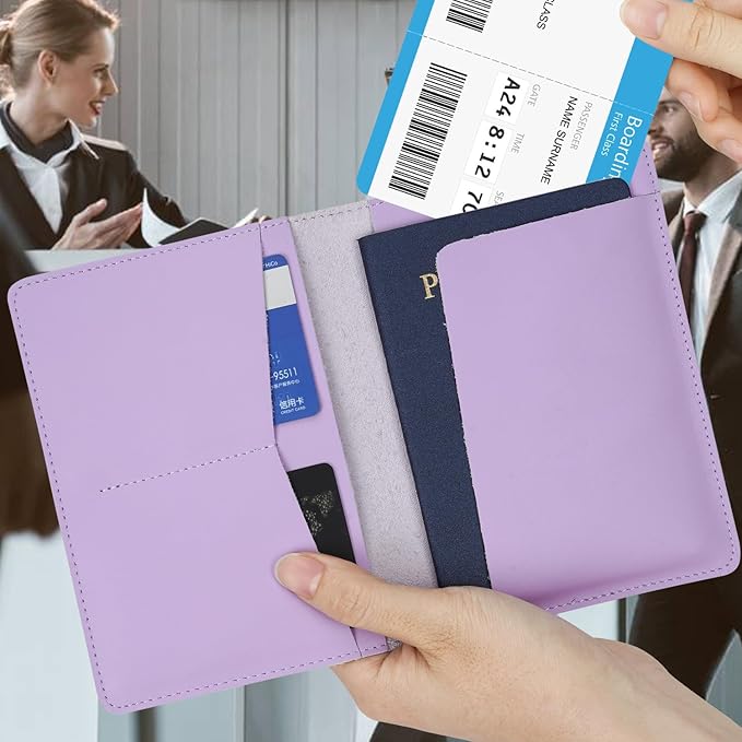 Full Grain Leather AirTag Passport Holder Wallet Cover for Men and Women Travel, Passport Holder with AirTag Slot Passport Wallet, Travel Essentials Genuine Leather Passport Cover Gifts (Purple)