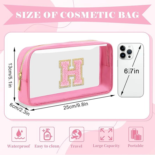 Personalized Initial Letter Clear Makeup Bag,Preppy Small Nylon&PVC Cosmetic Zipper Bag with Chenille Letter,Portable Beach Travel Skincare Toiletry Bag,Trendy Monogram Gift for Teen Girls Women,H
