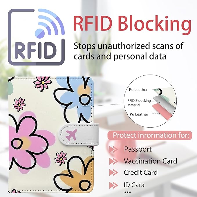 Passport Holder, Travel Wallet Cover with Pen Loop | Cute RFID Blocking Leather Case with Magnetic Closure for Travel Essentials-flower