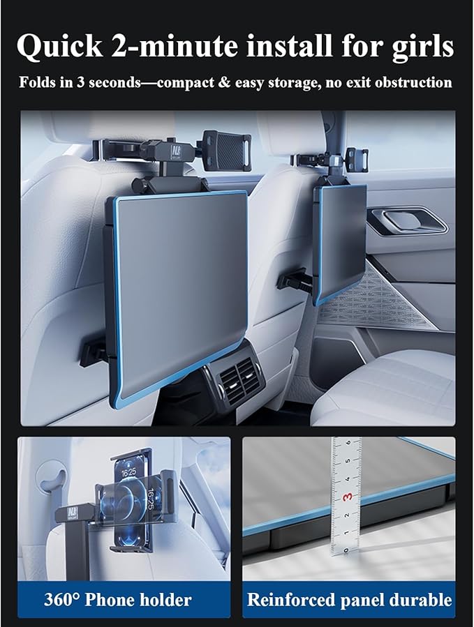 Multi-Functional Car Seat Tray Table, Aluminum Alloy Car Seat Table Travel Tray, Portable Foldable Back Seat Laptop Desk, With Tablet And Mobile Phone Holder, For Eating, Traveling,Working, Writing