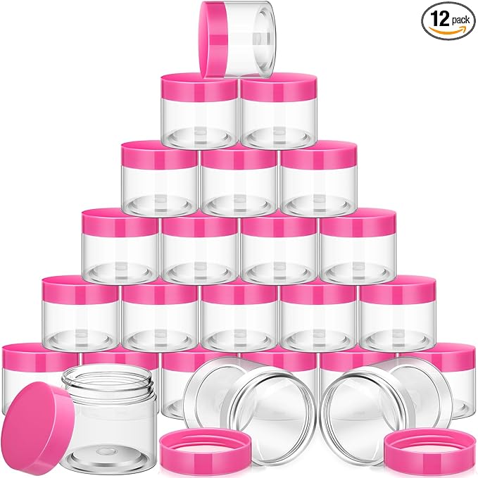 SATINIOR 12 Pack 2 oz Plastic Container Jars with Lids Round Clear Travel Cosmetic Container Slime Jars for Toiletries, Lotion, Cream, Ointments, Makeup, Rhinestone, Samples, Kitchen Storage(Pink)