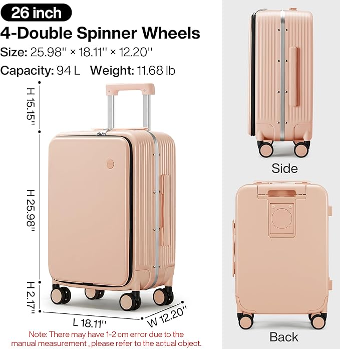 mixi Large Checked Luggage with Cup Phone Holder and Charger Hard Shell Suitcases with Spinner Wheels, 26 Inch Light Pink