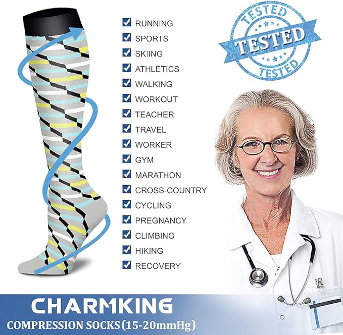 CHARMKING Compression Socks for Women & Men Circulation (8 Pairs) 15-20 mmHg is Best Support for Athletic Running,Cycling
