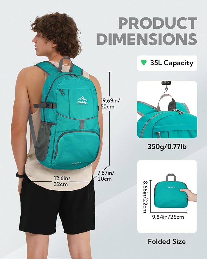 WATERFLY Hiking Packable Daypack Backpack: 35L Ultra Lightweight Day Pack for Woman Man - Large Compact Folding Back Pack for Outdoor Sport Cycling Camping Travel Trip - Turquoise
