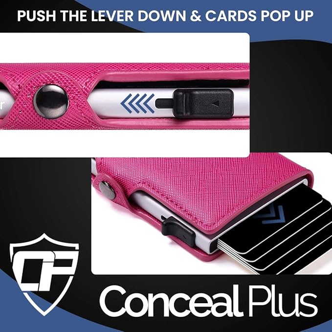 Card Blocr Womens Slim Wallet for Small Purses, Pop Up Wallet with Anti Theft RFID Blocking Credit Card Holder for Women in Pink PU Saffiano