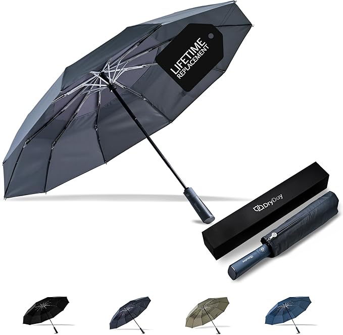 DryDay Premium Umbrellas for Rain, Large Windproof Double Canopy Umbrella, 10 Aluminum Ribs, Sturdy Frame, Auto Open Close Unique Handle, Windproof & Waterproof Umbrella for Women & Men